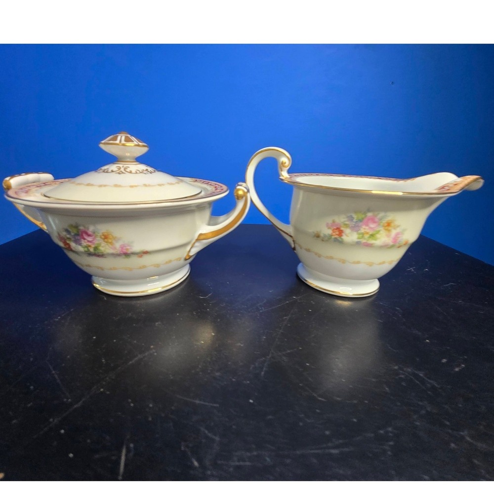 Noritake Creamer and Sugar Bowl Set Occupied Japan Floral Gold Gilded Vintage
